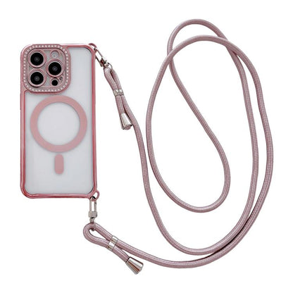 Rhinestone Clear Acrylic Electroplated Magnetic Phone Case with Right-Side Crossbody Lanyard, For iPhone 15 Pro Max, For iPhone 15 Pro, For iPhone 15 Plus / 14 Plus, For iPhone 15