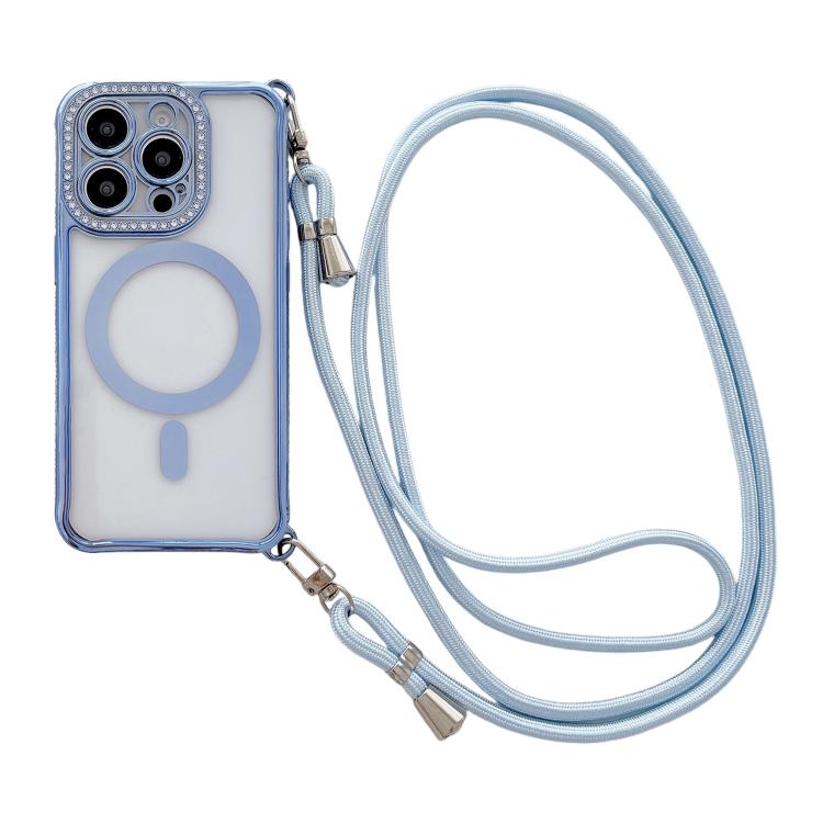 Rhinestone Clear Acrylic Electroplated Magnetic Phone Case with Right-Side Crossbody Lanyard, For iPhone 15 Pro Max, For iPhone 15 Pro, For iPhone 15 Plus / 14 Plus, For iPhone 15