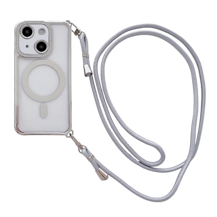 Rhinestone Clear Acrylic Electroplated Magnetic Phone Case with Right-Side Crossbody Lanyard, For iPhone 15 Pro Max, For iPhone 15 Pro, For iPhone 15 Plus / 14 Plus, For iPhone 15