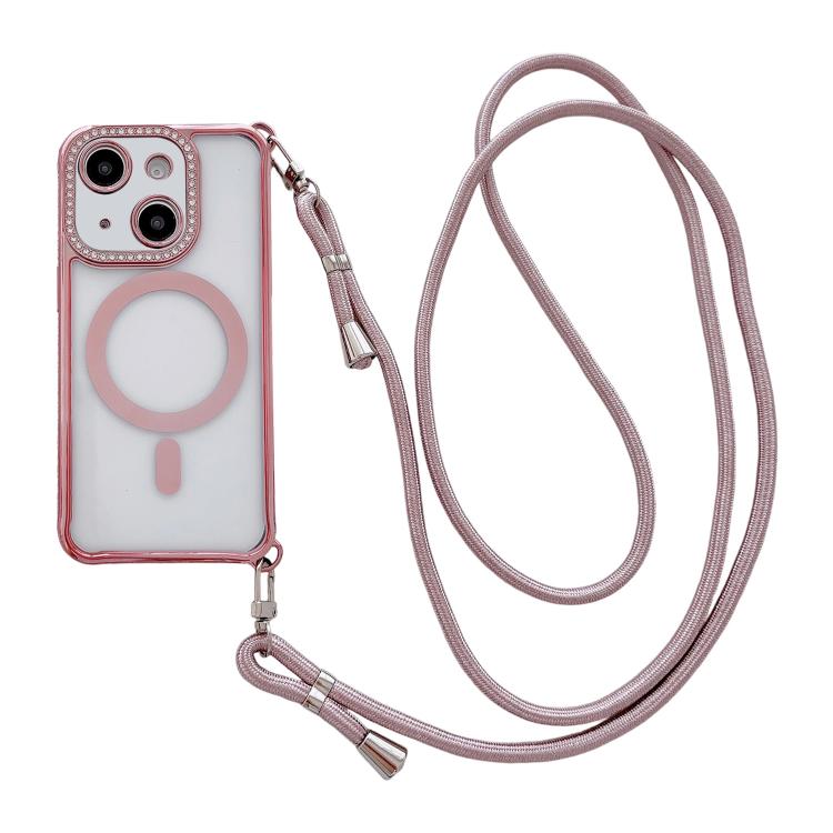 Rhinestone Clear Acrylic Electroplated Magnetic Phone Case with Right-Side Crossbody Lanyard, For iPhone 15 Pro Max, For iPhone 15 Pro, For iPhone 15 Plus / 14 Plus, For iPhone 15