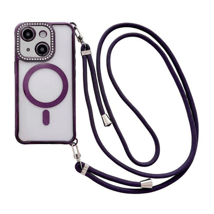 Rhinestone Clear Acrylic Electroplated Magnetic Phone Case with Right-Side Crossbody Lanyard, For iPhone 15 Pro Max, For iPhone 15 Pro, For iPhone 15 Plus / 14 Plus, For iPhone 15