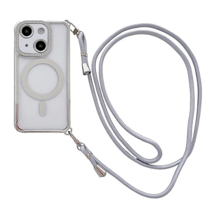 Rhinestone Clear Acrylic Electroplated Magnetic Phone Case with Right-Side Crossbody Lanyard, For iPhone 15 Pro Max, For iPhone 15 Pro, For iPhone 15 Plus / 14 Plus, For iPhone 15