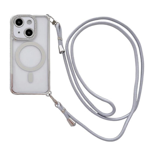 Rhinestone Clear Acrylic Electroplated Magnetic Phone Case with Right-Side Crossbody Lanyard, For iPhone 14 / 13, For iPhone 14 Pro, For iPhone 14 Pro Max, For iPhone 13 Pro Max