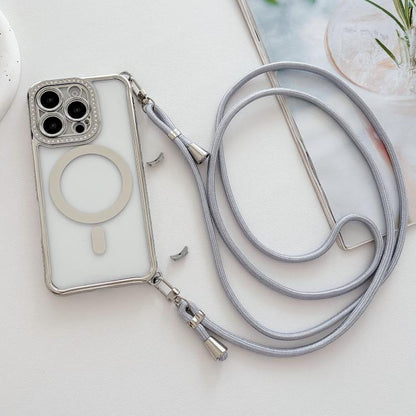 Rhinestone Clear Acrylic Electroplated Magnetic Phone Case with Right-Side Crossbody Lanyard, For iPhone 14 / 13, For iPhone 14 Pro, For iPhone 14 Pro Max, For iPhone 13 Pro Max