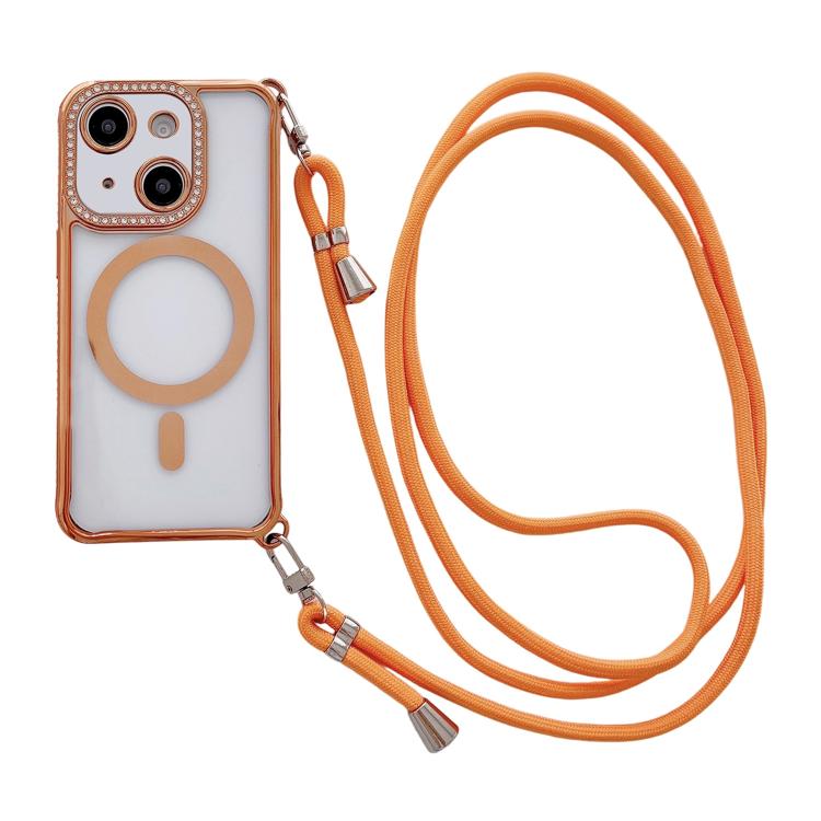 Rhinestone Clear Acrylic Electroplated Magnetic Phone Case with Right-Side Crossbody Lanyard, For iPhone 14 / 13, For iPhone 14 Pro, For iPhone 14 Pro Max, For iPhone 13 Pro Max