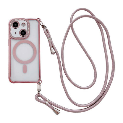 Rhinestone Clear Acrylic Electroplated Magnetic Phone Case with Right-Side Crossbody Lanyard, For iPhone 14 / 13, For iPhone 14 Pro, For iPhone 14 Pro Max, For iPhone 13 Pro Max
