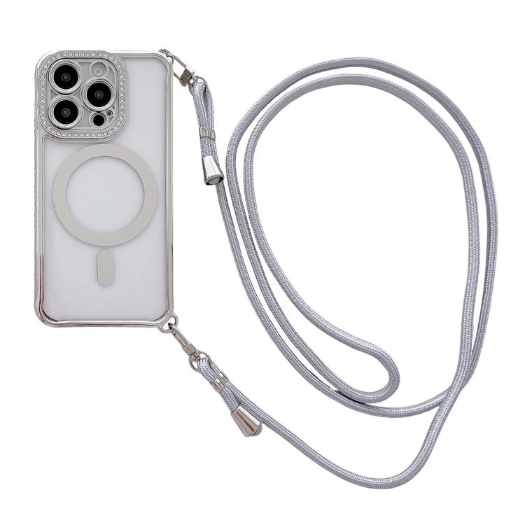 Rhinestone Clear Acrylic Electroplated Magnetic Phone Case with Right-Side Crossbody Lanyard, For iPhone 14 / 13, For iPhone 14 Pro, For iPhone 14 Pro Max, For iPhone 13 Pro Max
