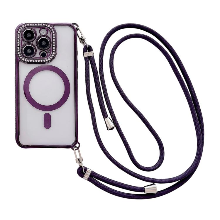 Rhinestone Clear Acrylic Electroplated Magnetic Phone Case with Right-Side Crossbody Lanyard, For iPhone 14 / 13, For iPhone 14 Pro, For iPhone 14 Pro Max, For iPhone 13 Pro Max