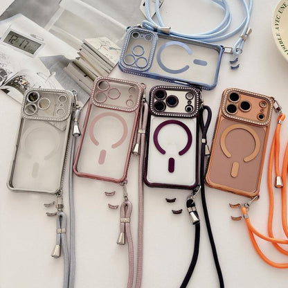 Rhinestone Clear Acrylic Electroplated Magnetic Phone Case with Right-Side Crossbody Lanyard, For iPhone 16 Pro Max, For iPhone 16 Pro, For iPhone 16 Plus, For iPhone 16