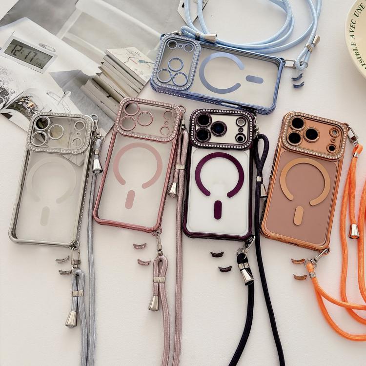 Rhinestone Clear Acrylic Electroplated Magnetic Phone Case with Right-Side Crossbody Lanyard, For iPhone 14 / 13, For iPhone 14 Pro, For iPhone 14 Pro Max, For iPhone 13 Pro Max