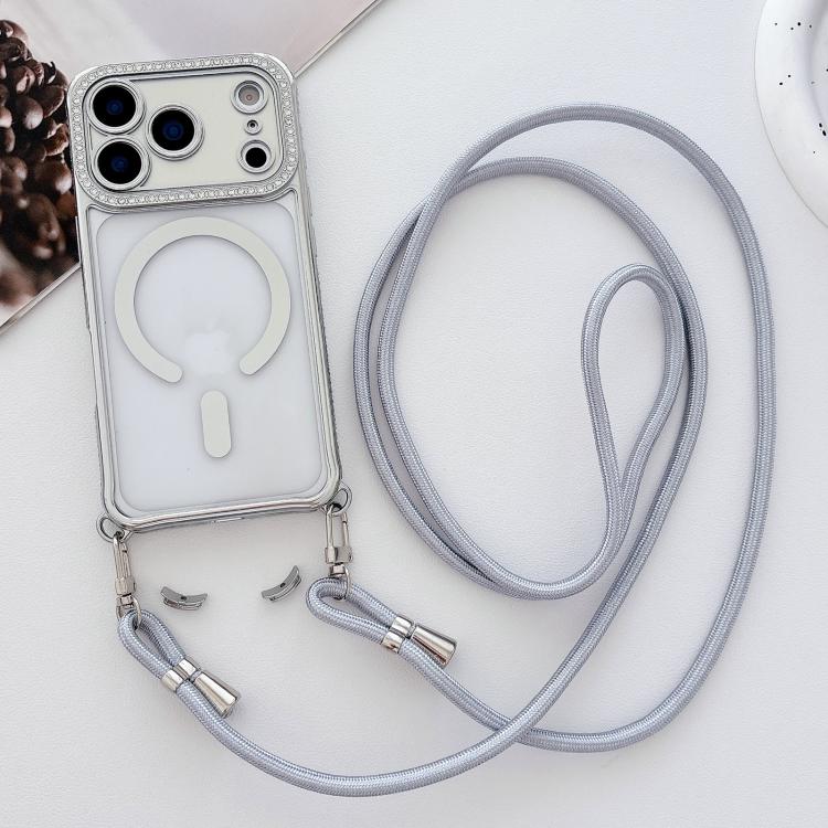 Rhinestone Clear Acrylic Electroplated Magnetic Phone Case with Neck Lanyard, For iPhone 17 Pro Max, For iPhone 17 Pro, For iPhone 17, For iPhone Air