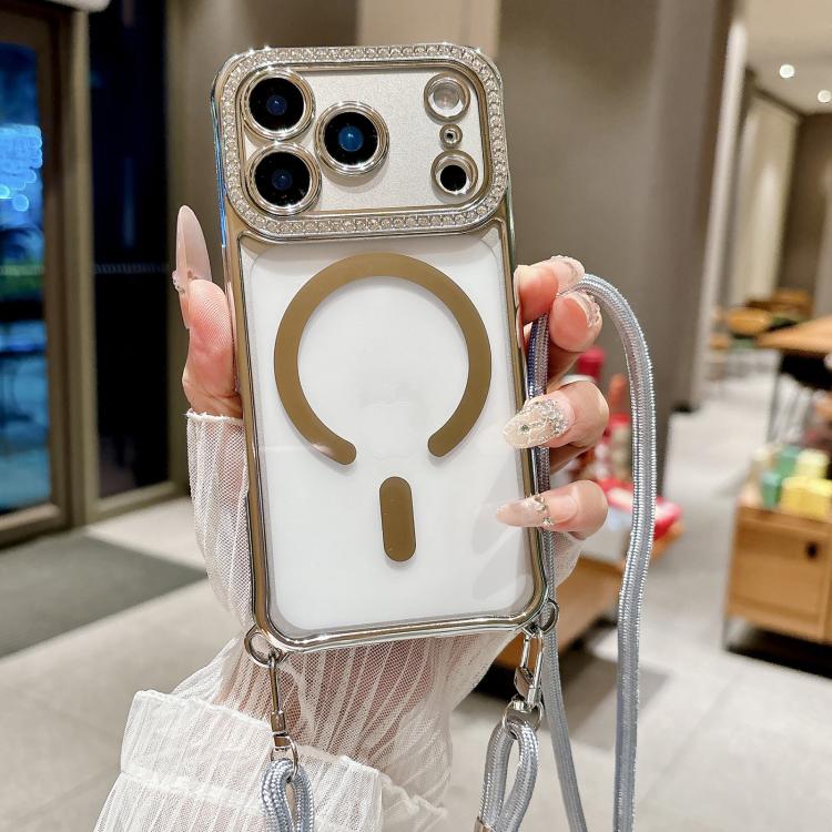 Rhinestone Clear Acrylic Electroplated Magnetic Phone Case with Neck Lanyard, For iPhone 17 Pro Max, For iPhone 17 Pro, For iPhone 17, For iPhone Air