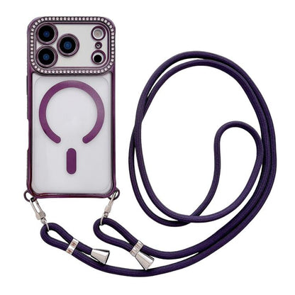 Rhinestone Clear Acrylic Electroplated Magnetic Phone Case with Neck Lanyard, For iPhone 17 Pro Max, For iPhone 17 Pro, For iPhone 17, For iPhone Air