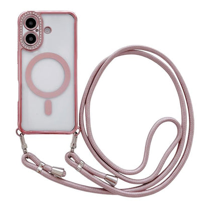 Rhinestone Clear Acrylic Electroplated Magnetic Phone Case with Neck Lanyard, For iPhone 17 Pro Max, For iPhone 17 Pro, For iPhone 17, For iPhone Air