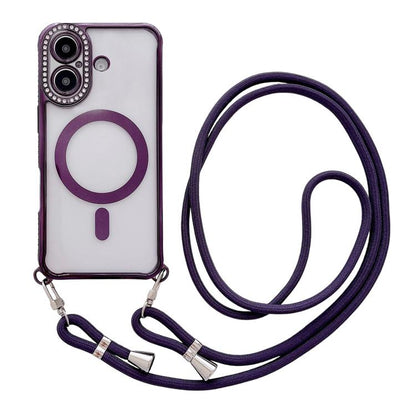 Rhinestone Clear Acrylic Electroplated Magnetic Phone Case with Neck Lanyard, For iPhone 17 Pro Max, For iPhone 17 Pro, For iPhone 17, For iPhone Air