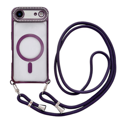 Rhinestone Clear Acrylic Electroplated Magnetic Phone Case with Neck Lanyard, For iPhone 17 Pro Max, For iPhone 17 Pro, For iPhone 17, For iPhone Air