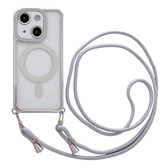 Rhinestone Clear Acrylic Electroplated Magnetic Phone Case with Neck Lanyard, For iPhone 14 / 13, For iPhone 14 Pro, For iPhone 14 Pro Max, For iPhone 13 Pro Max
