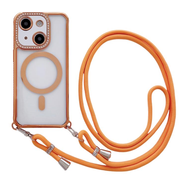 Rhinestone Clear Acrylic Electroplated Magnetic Phone Case with Neck Lanyard, For iPhone 14 / 13, For iPhone 14 Pro, For iPhone 14 Pro Max, For iPhone 13 Pro Max