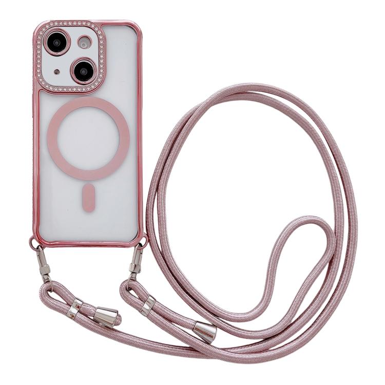 Rhinestone Clear Acrylic Electroplated Magnetic Phone Case with Neck Lanyard, For iPhone 14 / 13, For iPhone 14 Pro, For iPhone 14 Pro Max, For iPhone 13 Pro Max