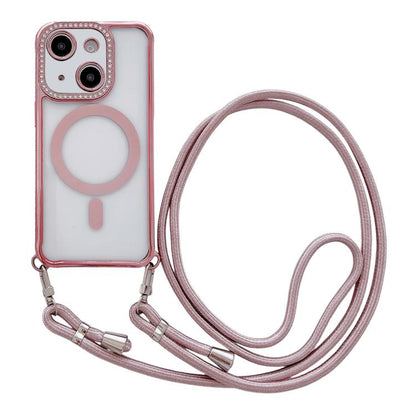 Rhinestone Clear Acrylic Electroplated Magnetic Phone Case with Neck Lanyard, For iPhone 14 / 13, For iPhone 14 Pro, For iPhone 14 Pro Max, For iPhone 13 Pro Max