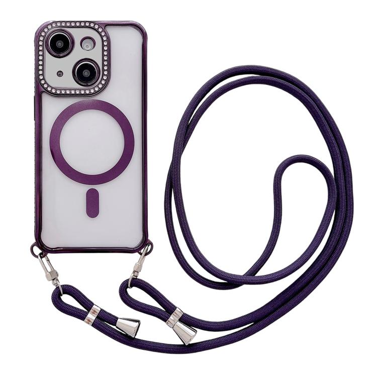 Rhinestone Clear Acrylic Electroplated Magnetic Phone Case with Neck Lanyard, For iPhone 14 / 13, For iPhone 14 Pro, For iPhone 14 Pro Max, For iPhone 13 Pro Max