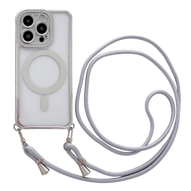 Rhinestone Clear Acrylic Electroplated Magnetic Phone Case with Neck Lanyard, For iPhone 13 Pro