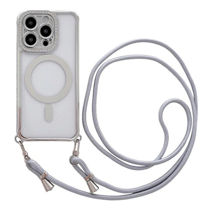 Rhinestone Clear Acrylic Electroplated Magnetic Phone Case with Neck Lanyard, For iPhone 13 Pro