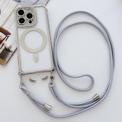 Rhinestone Clear Acrylic Electroplated Magnetic Phone Case with Neck Lanyard, For iPhone 13 Pro