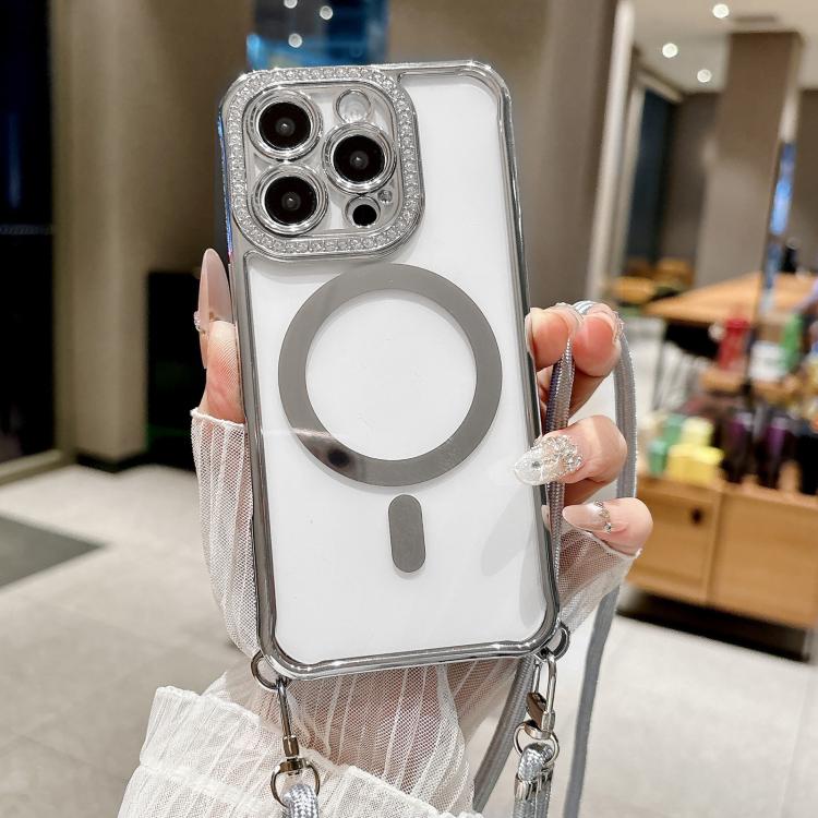 Rhinestone Clear Acrylic Electroplated Magnetic Phone Case with Neck Lanyard, For iPhone 13 Pro