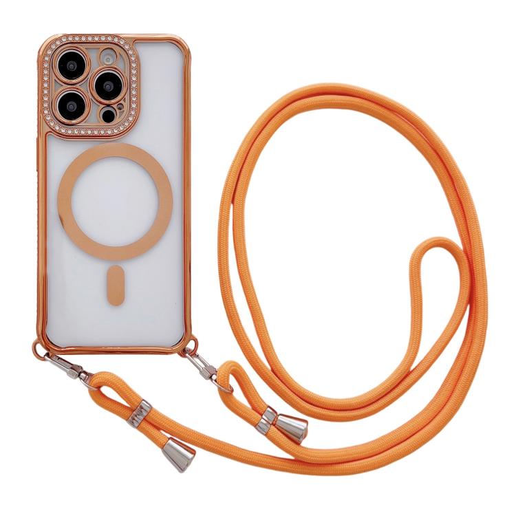 Rhinestone Clear Acrylic Electroplated Magnetic Phone Case with Neck Lanyard, For iPhone 13 Pro