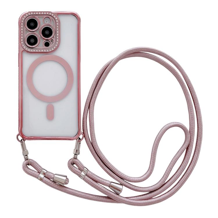 Rhinestone Clear Acrylic Electroplated Magnetic Phone Case with Neck Lanyard, For iPhone 13 Pro