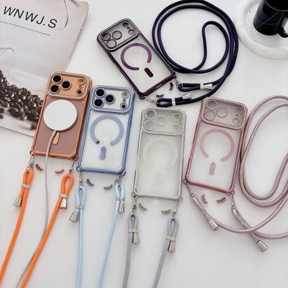 Rhinestone Clear Acrylic Electroplated Magnetic Phone Case with Neck Lanyard, For iPhone 13 Pro