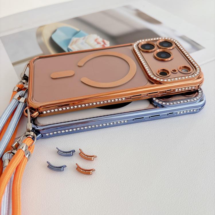 Rhinestone Clear Acrylic Electroplated Magnetic Phone Case with Neck Lanyard, For iPhone 13 Pro