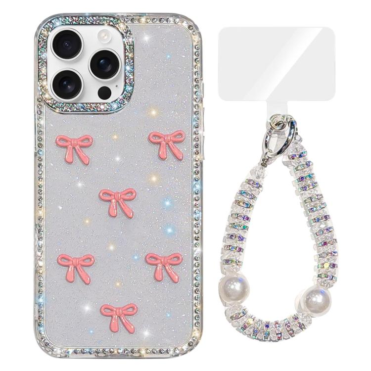 Sparkling IMD Colorful Bow Phone Case with Bracelet, For iPhone 16 Pro Max, For iPhone 16 Pro