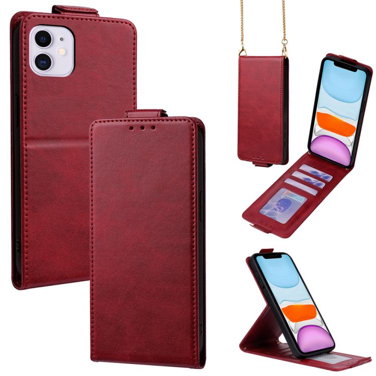 Vertical Flip Cover Solid Color Vegan Leather Phone Case with Crossbody Chain, For iPhone 11 Pro Max, For iPhone 11, For iPhone 11 Pro