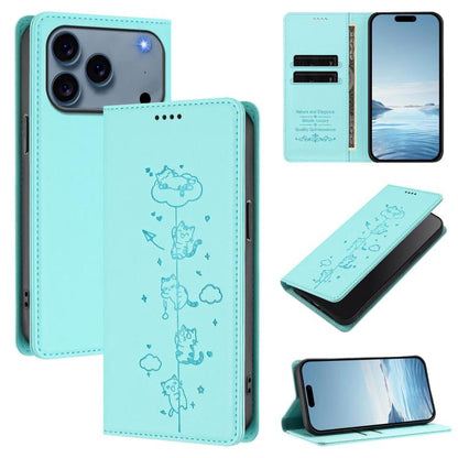 Cute Cats Embossed Magnetic RFID Vegan Leather Phone Case, For iPhone 17e / 16e, For iPhone 17 Pro Max
