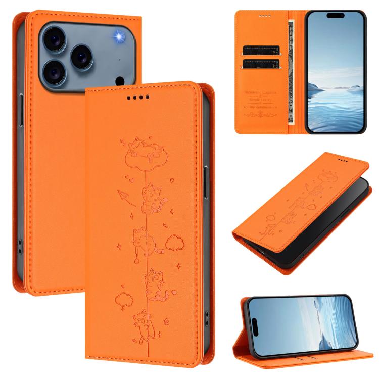 Cute Cats Embossed Magnetic RFID Vegan Leather Phone Case, For iPhone 17e / 16e, For iPhone 17 Pro Max