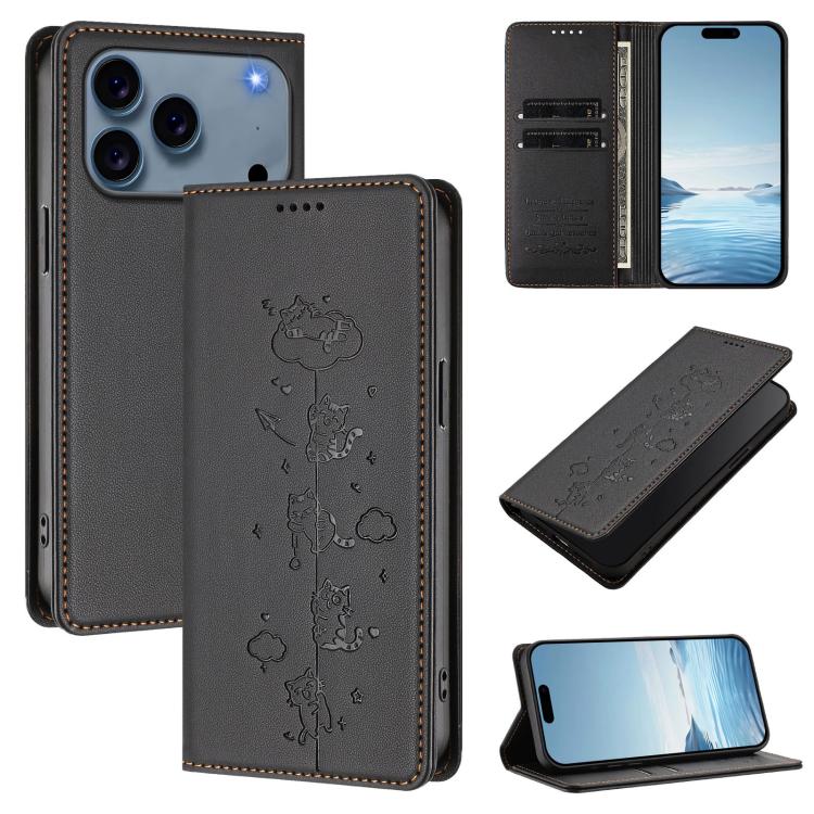 Cute Cats Embossed Magnetic RFID Vegan Leather Phone Case, For iPhone 17e / 16e, For iPhone 17 Pro Max