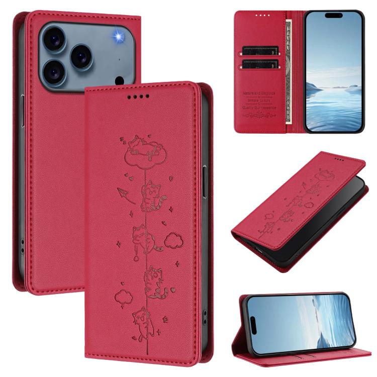 Cute Cats Embossed Magnetic RFID Vegan Leather Phone Case, For iPhone 17e / 16e, For iPhone 17 Pro Max