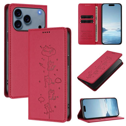 Cute Cats Embossed Magnetic RFID Vegan Leather Phone Case, For iPhone 17e / 16e, For iPhone 17 Pro Max
