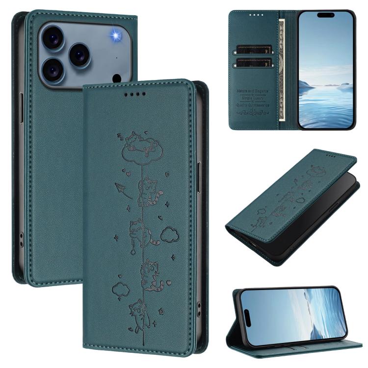Cute Cats Embossed Magnetic RFID Vegan Leather Phone Case, For iPhone 17e / 16e, For iPhone 17 Pro Max