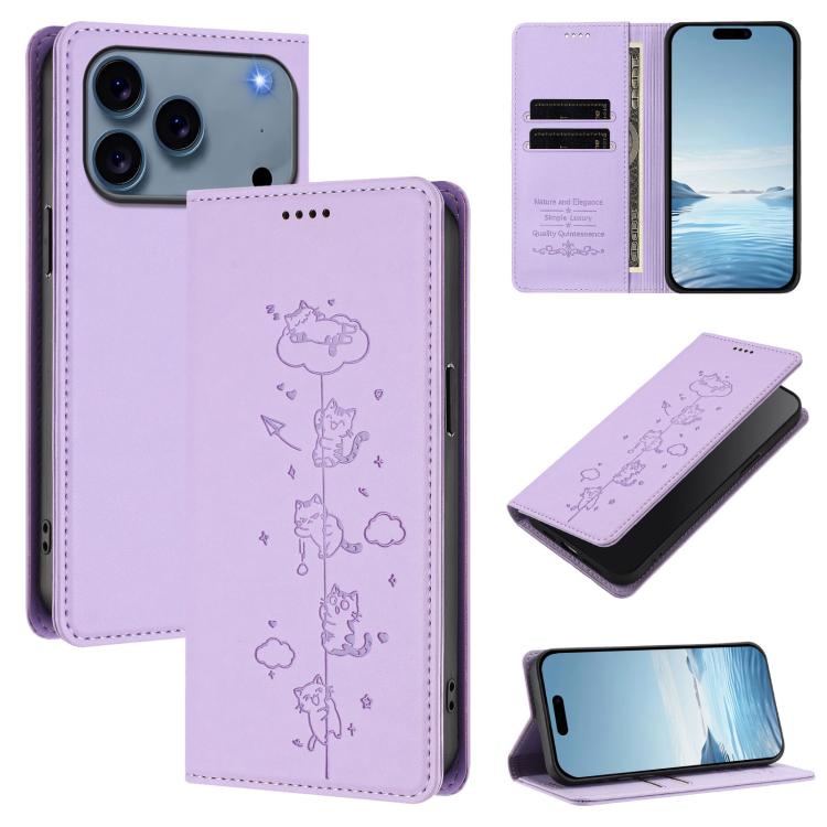 Cute Cats Embossed Magnetic RFID Vegan Leather Phone Case, For iPhone 17e / 16e, For iPhone 17 Pro Max