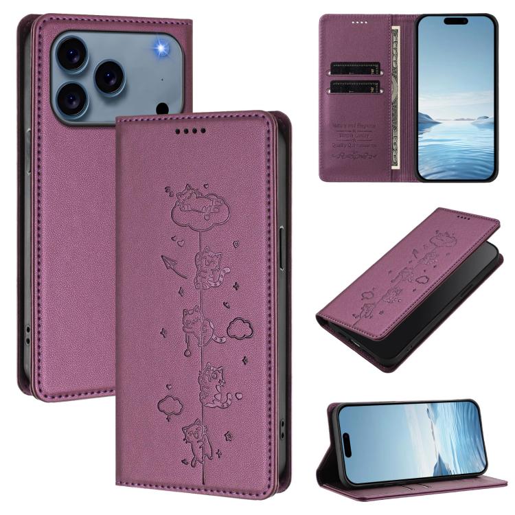 Cute Cats Embossed Magnetic RFID Vegan Leather Phone Case, For iPhone 17e / 16e, For iPhone 17 Pro Max