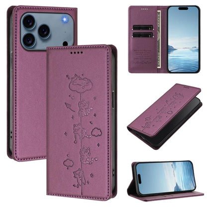 Cute Cats Embossed Magnetic RFID Vegan Leather Phone Case, For iPhone 17e / 16e, For iPhone 17 Pro Max