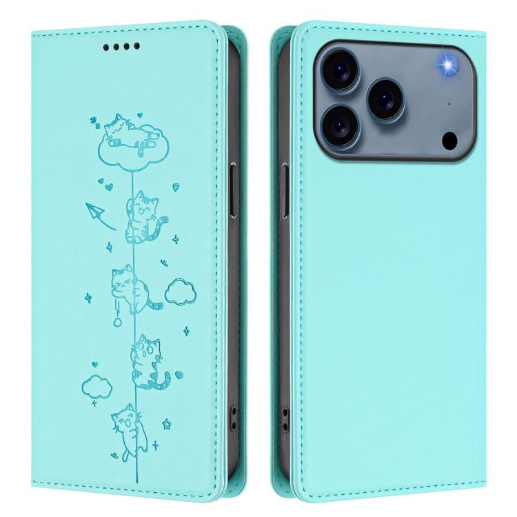 Cute Cats Embossed Magnetic RFID Vegan Leather Phone Case, For iPhone 17 Pro, For iPhone 17