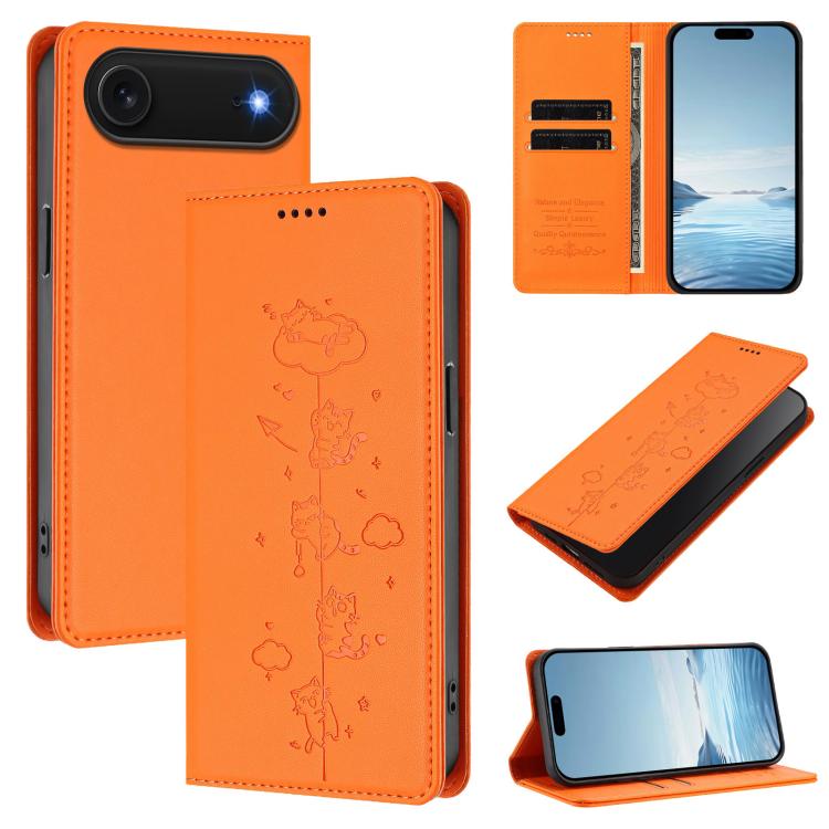 Cute Cats Embossed Magnetic RFID Vegan Leather Phone Case, For iPhone Air, For iPhone 16 Pro Max