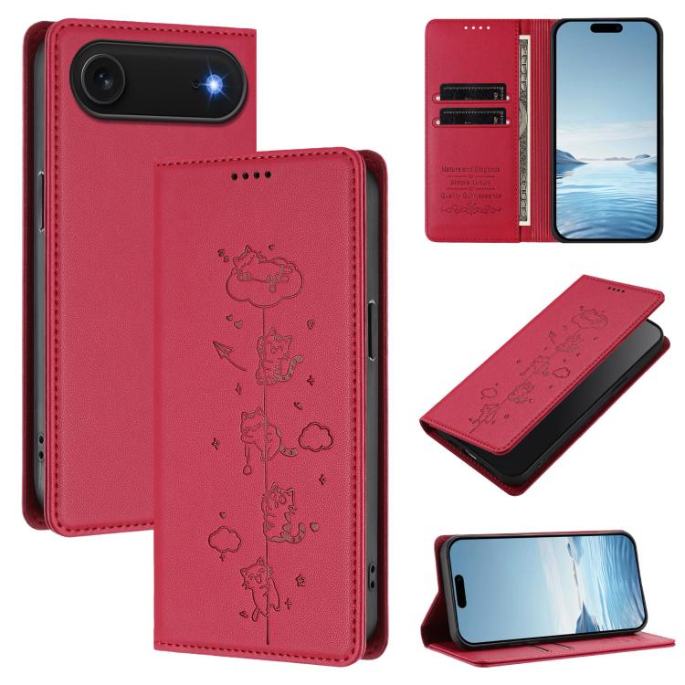 Cute Cats Embossed Magnetic RFID Vegan Leather Phone Case, For iPhone Air, For iPhone 16 Pro Max