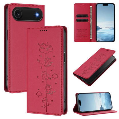 Cute Cats Embossed Magnetic RFID Vegan Leather Phone Case, For iPhone Air, For iPhone 16 Pro Max