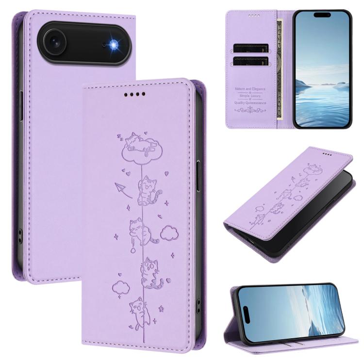 Cute Cats Embossed Magnetic RFID Vegan Leather Phone Case, For iPhone Air, For iPhone 16 Pro Max