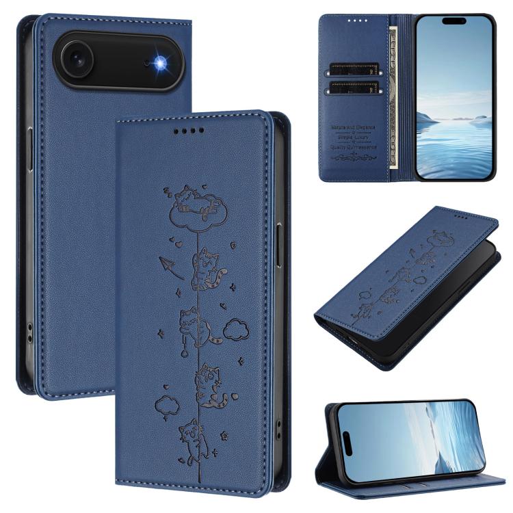 Cute Cats Embossed Magnetic RFID Vegan Leather Phone Case, For iPhone Air, For iPhone 16 Pro Max